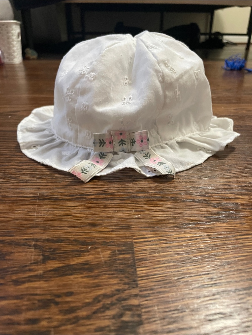 White Eyelet Baby Sun Hat with Floral Ribbon